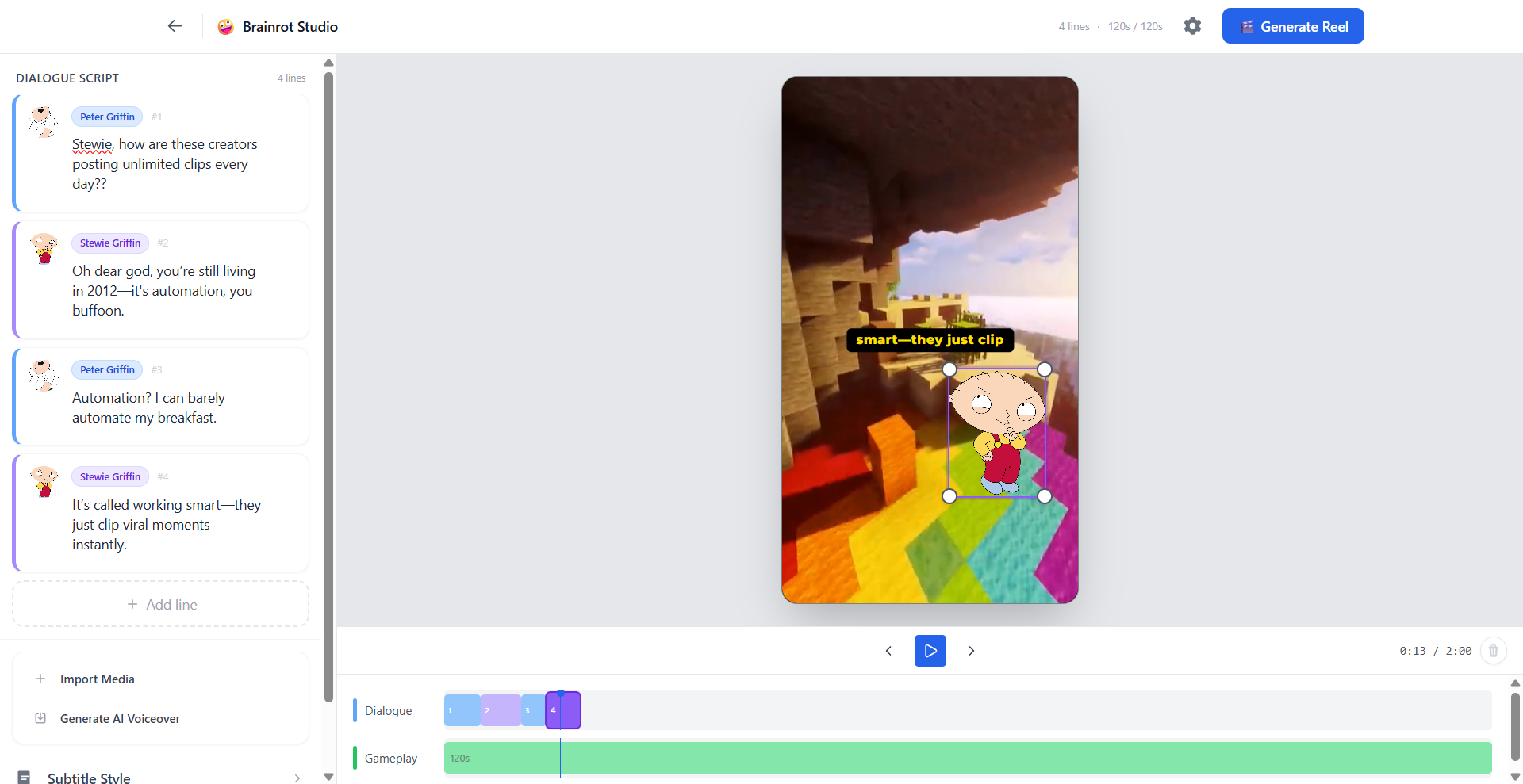 Brainrot Step 02: Write dialogue, generate voices & subtitles